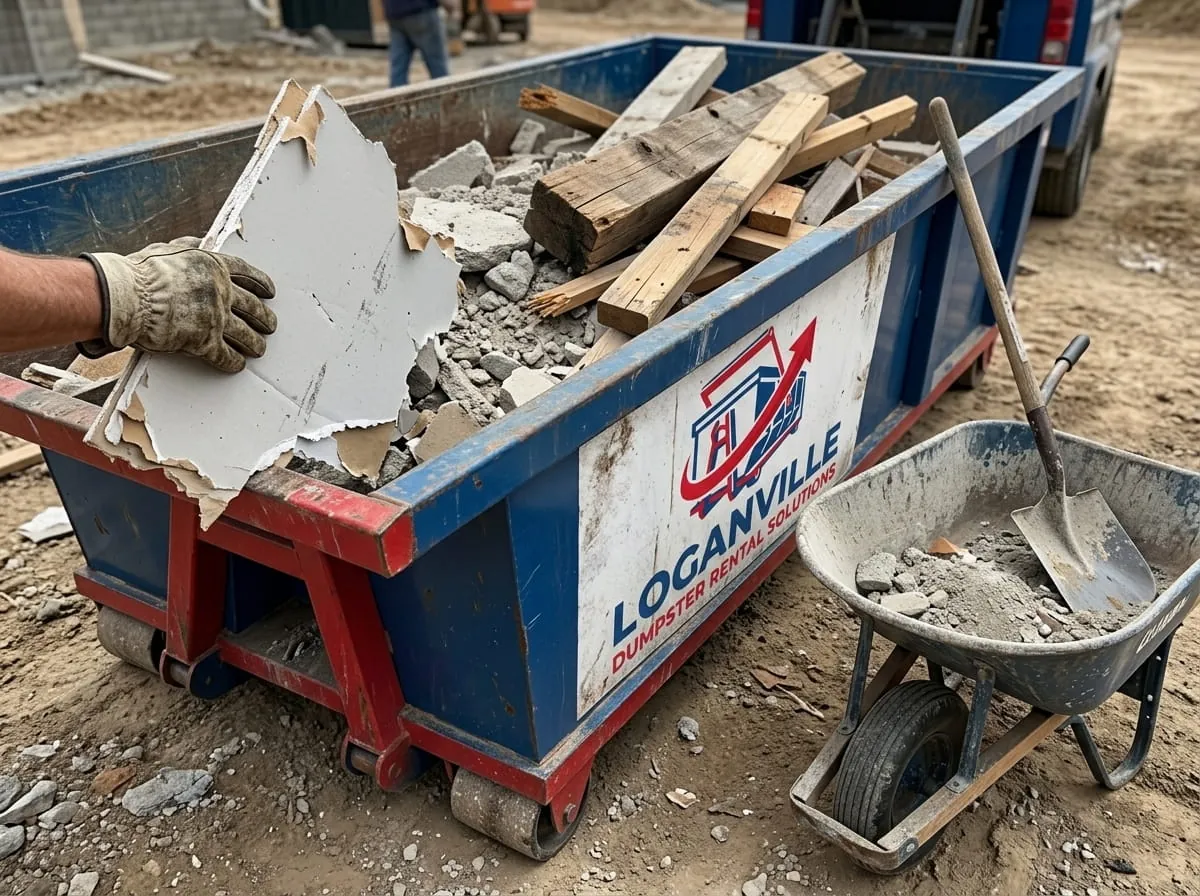 Broken drywall and rubble being loaded into a roll-off container in Loganville, Georgia