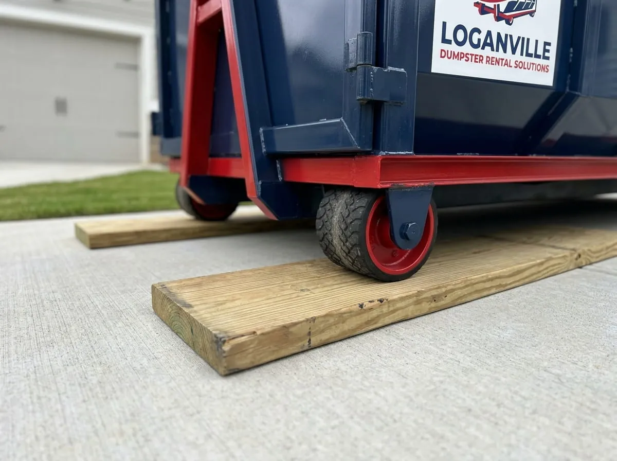 Close-up of roll-off dumpster wheels resting on a timber protection board