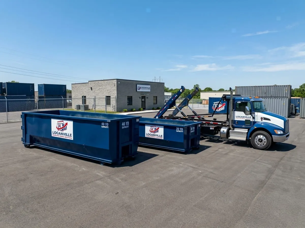 Loganville Dumpster Rental Solutions roll-off truck fleet parked at the Loganville yard Loganville Dumpster Rental Solutions roll-off truck fleet parked at the Loganville yard