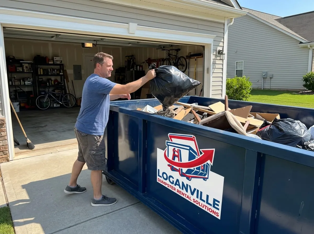 Homeowner loading a bag of household junk into a roll-off dumpster in Loganville, Georgia Homeowner loading a bag of household junk into a roll-off dumpster in Loganville, Georgia