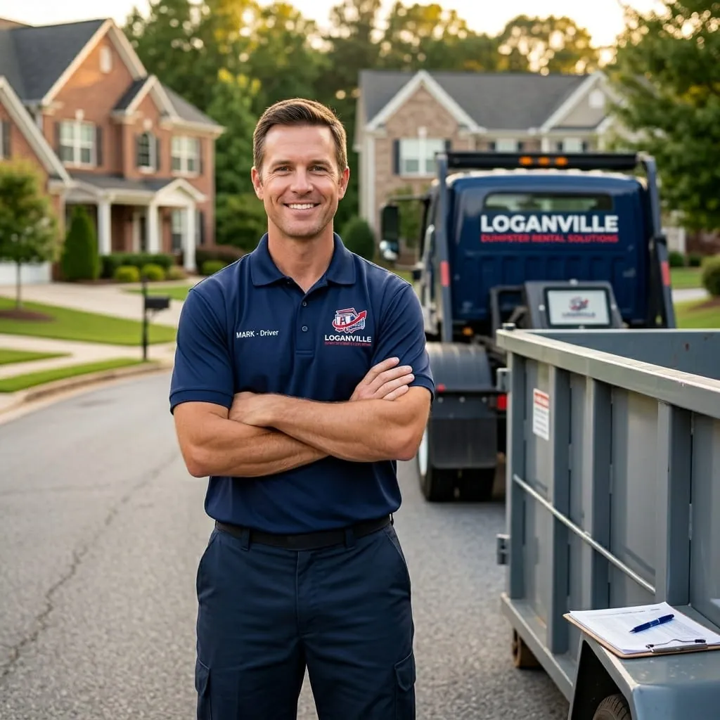 Loganville Dumpster Rental Solutions roll-off container and truck working a job in Walton County Loganville Dumpster Rental Solutions roll-off container and truck working a job in Walton County