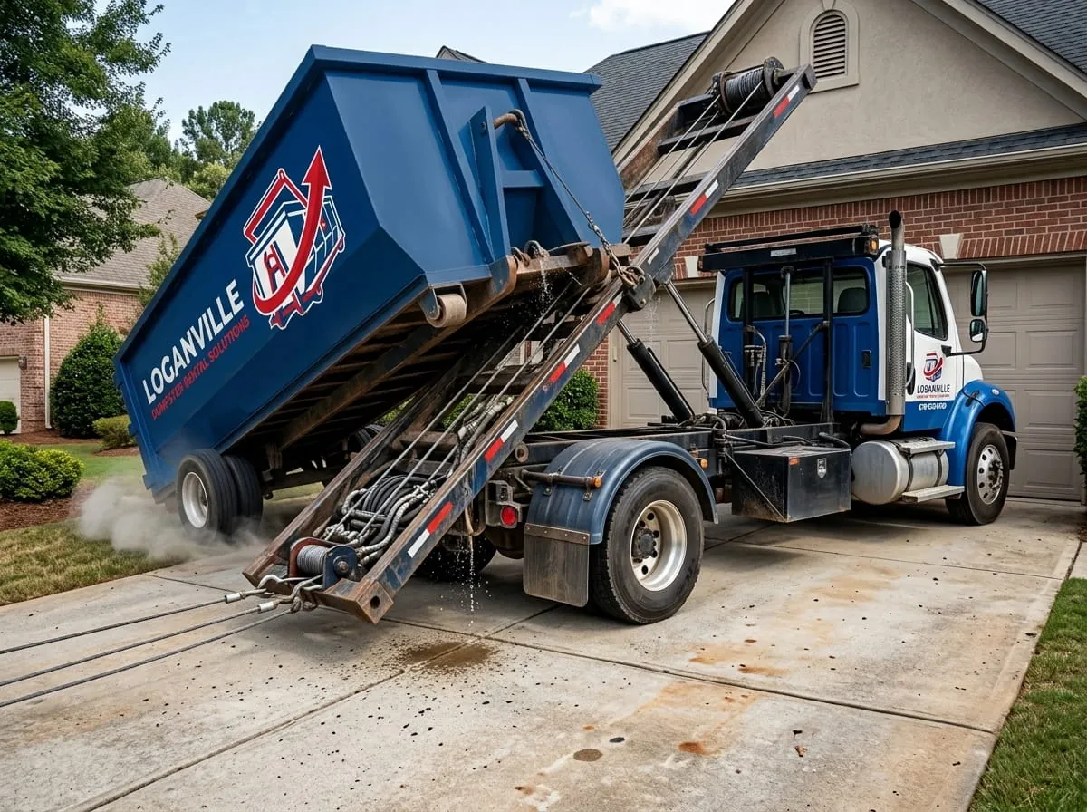 Roll-off truck tipping a container into place on a driveway in Loganville, Georgia Roll-off truck tipping a container into place on a driveway in Loganville, Georgia