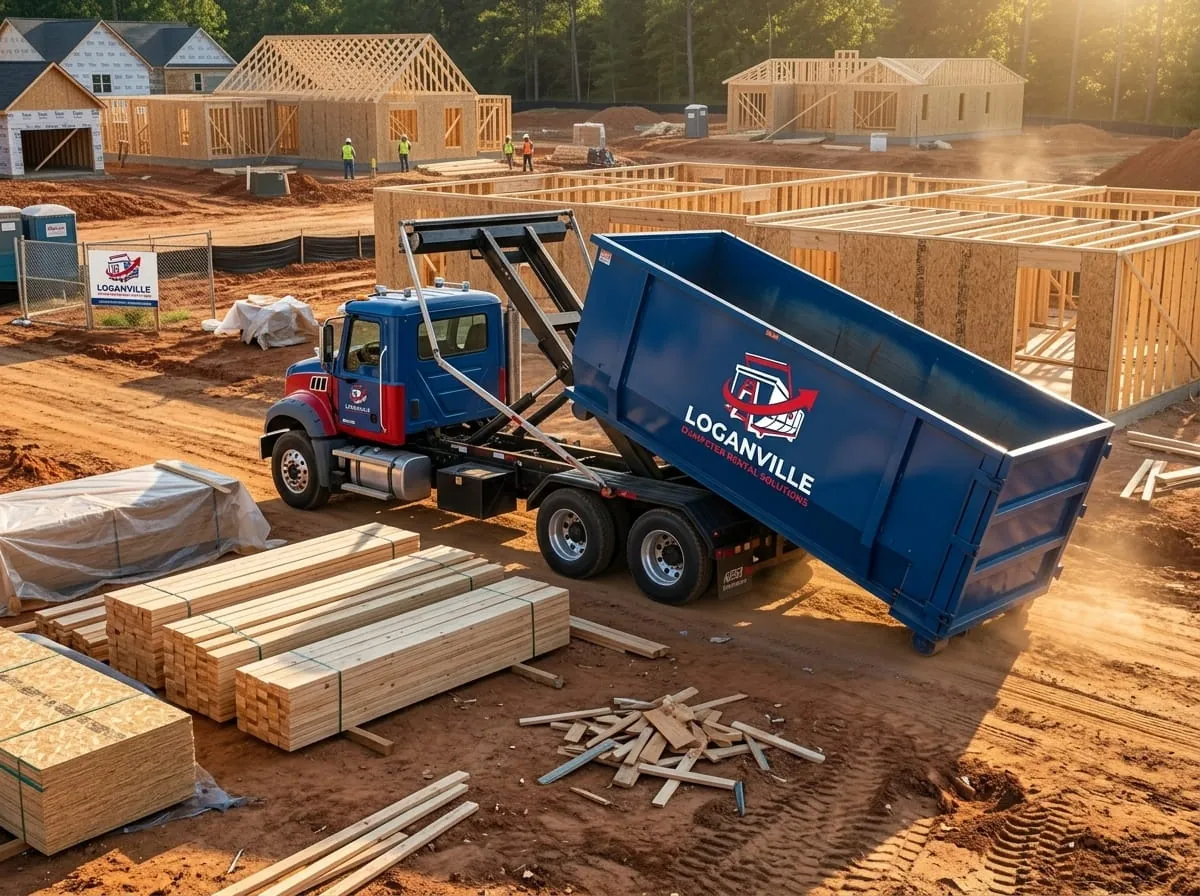 Roll-off truck delivering a container to a framing site in Loganville, Georgia
